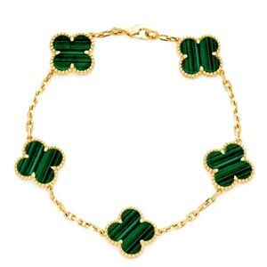 Gold Green Malachite 5 Quatrefoil Clover Motif Bracelet